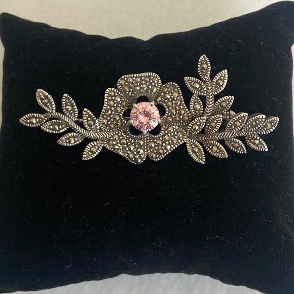 VTG Sterling Silver 925 Marcasite & Round Pink CZ Flower Leaf Foliage Brooch - Picture 3 of 16
